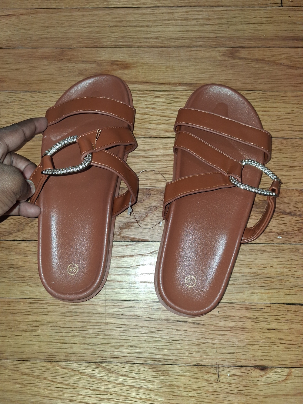 Women's Tan Slide Sandals with Rhinestone Buckle Accent